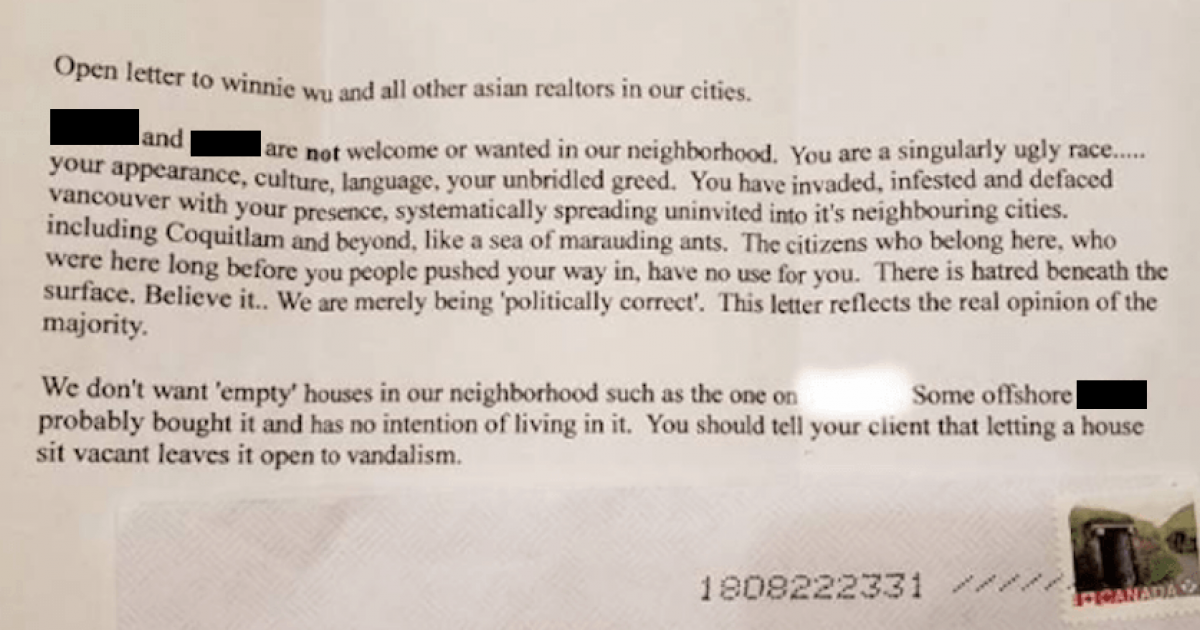 Racism in Vancouver: anti-Asian letter sent to realtor, racist rant on ...